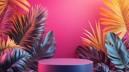 Empty cylindrical podium with against vibrant magenta background and surrounded by an array of stylized colorful tropical leaves in shades of blue, purple, pink and gold