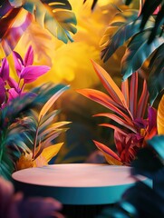 Cylindrical podium is surrounded by lush array of vibrant tropical leaves in shades of green, yellow, orange and pink against warm glowing yellow background