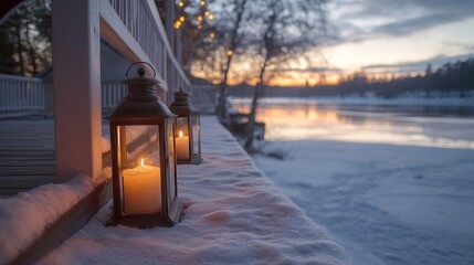 Vintage lanterns glowing on a snow-draped porch overlooking a frozen lake, Generative AI