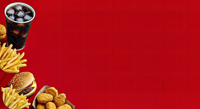 Variety of Fast Food on Red Backdrop; Flat Lay with Text Area, Burgers, Pizza, Fries, Menu Mockup - Powered by Adobe