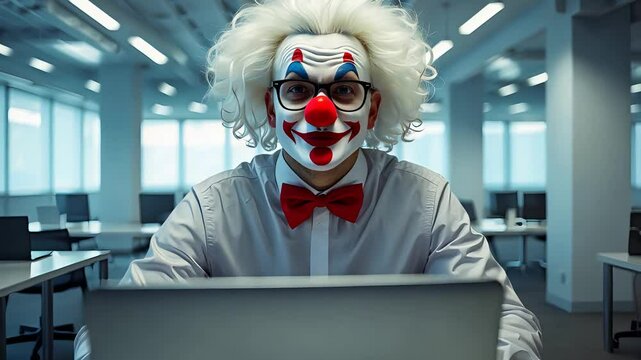Person wearing white clown makeup with red nose and bowtie sitting at laptop in modern empty office with fluorescent lighting and rows of desks

