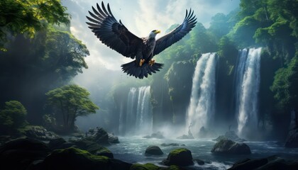 Fototapeta premium Eagle flying freely above the sky, with a stunning mountain and waterfall backdrop at sunset view