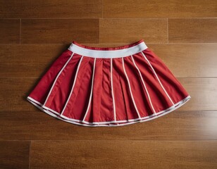 A vibrant red pleated skirt with white stripes, laid flat on a wooden surface.