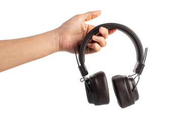 HeadPhones in hand, Headphones isolate on transparent. Wireless headphones in brown.