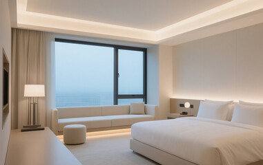 Fototapeta premium Modern hotel interior with large windows, and soft lighting.