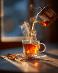 Pouring hot tea into glass cup makes me feel relaxed and content, with sense of warmth and tranquility during calm afternoon break