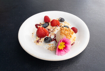Fruit mochi rice cake, white daifuku, Japanese traditional dessert, round wagashi, asian candy