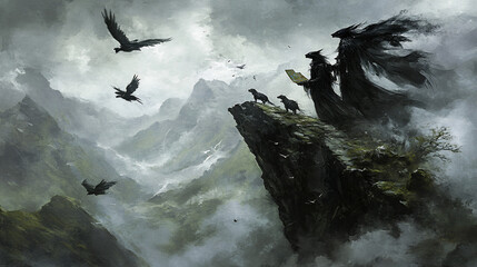 Dark figure on mountain peak