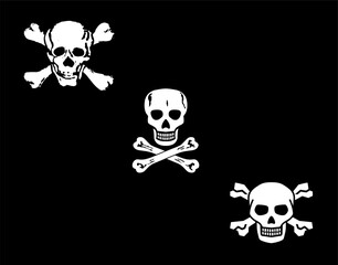 Three Jolly Roger pirate skull and crossbones designs. Classic vintage, grunge texture, minimalist style on black background for tattoos, clothing, decor...