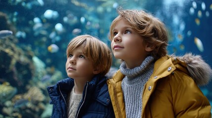 Two boys gazing at fish in aquarium