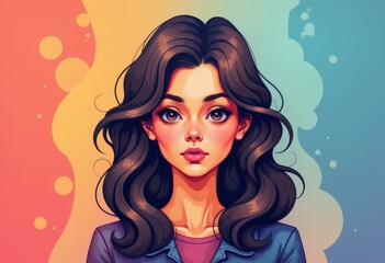 Portrait of a girl with wavy hair in colorful abstract background  