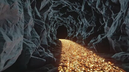 Fantasy cave with golden glowing path in dark stone walls, magical treasure tunnel animation symbolizing mystery, wealth and mythical adventure themes - Powered by Adobe