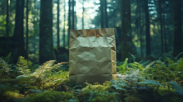 A muted green paper bag blending with ferns on the forest floor, with tall trees in the background
