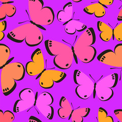 Butterflies on a purple background seamless pattern. Ornament for fabrics, textiles, packaging and wallpaper. Vector illustration.