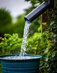 Rainwater flows from a gutter into a rain barrel in a home garden
