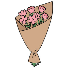 Pink bouquet of flowers wrapped in brown paper flat color vector illustration template design