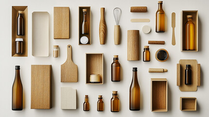 Arrangement of Wooden and Glass Objects Flat Lay