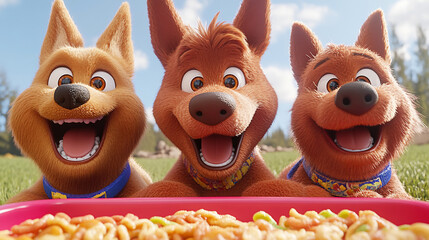 Three dogs looking at food