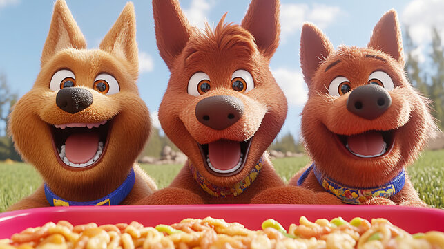 Three dogs looking at food