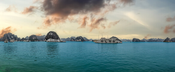 Halong Ha Long Bay Hanoi this Vietnamese wonder is littered with mountains and Rock cliffs popping...