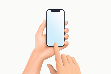 Hand holding phone with finger pressing phone. realistic shaded vector illustration