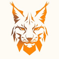 Majestic Eurasian Lynx Head A Striking Geometric Design in Vibrant Orange Hues Against a Pristine White Background