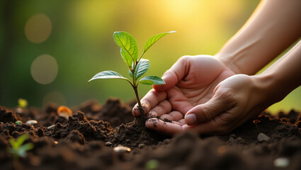 Planting a Young Seedling in Soil at Sunset