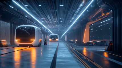 Futuristic Tunnel Transport System with Modern Pod Vehicles