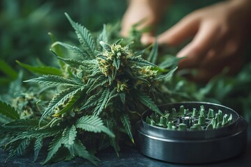Cannabis Plant and Grinder in Focus: Herbal Lifestyle Concept