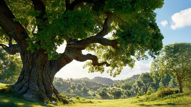 Sunlight filtering through large tree leaves nature photography background