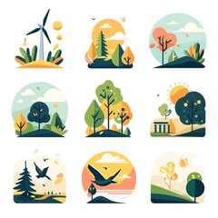 Vibrant Nature Icons Sun, Trees, Birds, Windmills, serene landscapes, idyllic scenes of autumnal beauty.