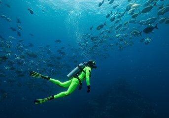 Fototapeta premium Diver in neon gear swimming among fish in blue underwater ocean