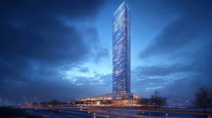 Obraz premium Contemporary 100-story glass skyscraper, innovative business residence design, glowing under city lights, on a dark blue background 