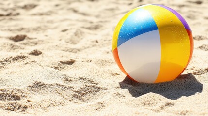 Obraz premium A shiny beach ball reflecting sunlight, placed on soft sand,