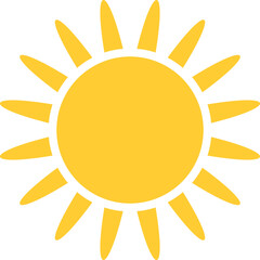 A bright, cheerful yellow sun icon with radiating rays on a clean white background. A symbol of warmth, happiness, and positive energy.