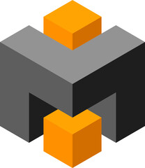 Abstract isometric 3D cube design.  Gray and orange blocks interlock, symbolizing connection, collaboration, or innovation.