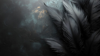 Dark moody background with black feathers.