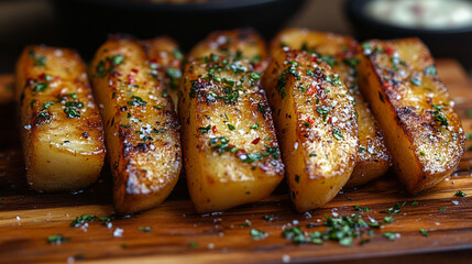 Crispy, seasoned potato wedges arranged on a wooden board.