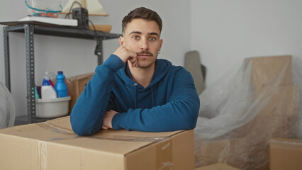 Young man in blue hoodie leaning on cardboard box in new apartment surrounded by unpacked items, symbolizing transition and fresh beginnings in a modern residential space.