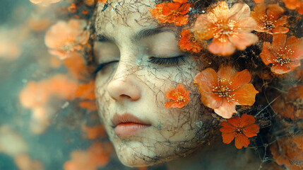 Close-up portrait of a girl with floral and textured face, serene expression, autumnal colors.