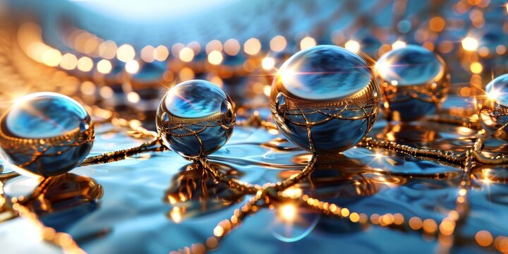Golden chain connecting reflective spheres on liquid surface, luxury and elegance