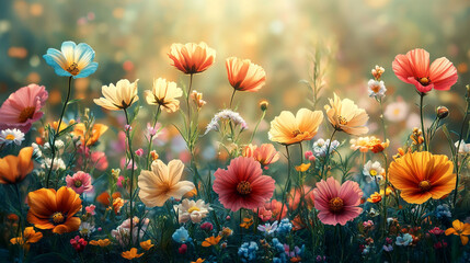 Vibrant colorful flowers in a meadow bathed in sunlight.