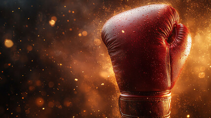 Close-up of a red boxing glove, wet with water droplets, in a dramatic fiery background.