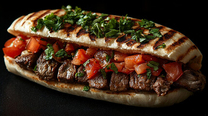 Grilled sandwich with sliced beef and tomato salsa.