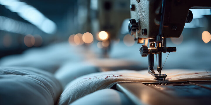 Sewing machine stitching fabric in factory, industrial textile production
