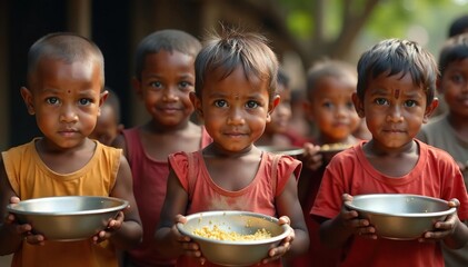 A group of children with empty bowls, looking thin and malnourished , support, South America, needy