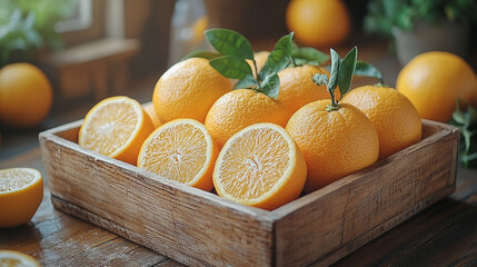 Fresh oranges in a wooden crate. (1)