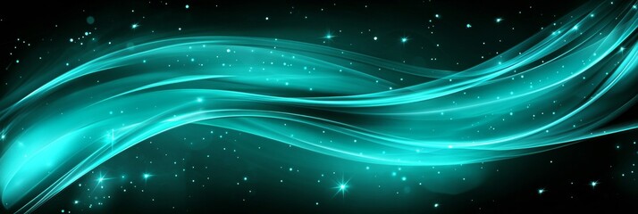 Teal Waving Light Trail, Luxury Particles And Stars Overlay Effect On Black Background.