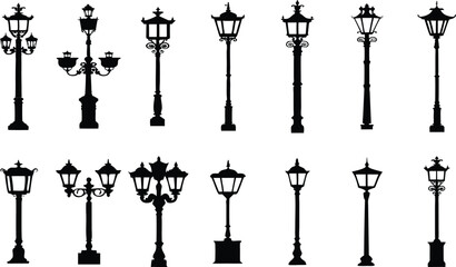 Set of lamp post silhouette vectors. Vintage streetlamp bundle isolated on transparent background