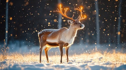 majestic reindeer with glowing antlers standing in a frosted clearing surrounded by softly falling snow, Generative AI